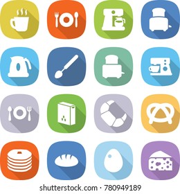 flat vector icon set - hot drink vector, cafe, coffee maker, toaster, kettle, big spoon, fork plate, cereals, croissant, pretzel, pancakes, bread, egg, cheese