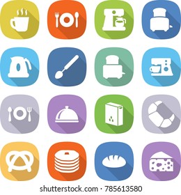 flat vector icon set - hot drink vector, cafe, coffee maker, toaster, kettle, big spoon, fork plate, meal cap, cereals, croissant, pretzel, pancakes, bread, cheese