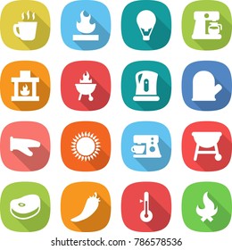 flat vector icon set - hot drink vector, flammable, air ballon, coffee maker, fireplace, bbq, kettle, cook glove, gas oven, steake, pepper, thermometer, fire