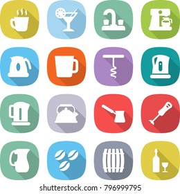 flat vector icon set - hot drink vector, cocktail, water tap, coffee maker, kettle, cup, corkscrew, turk, blender, jug, seeds, barrel, wine