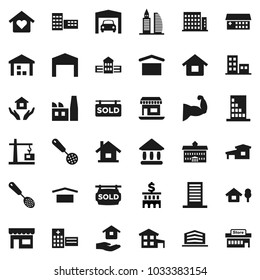 Flat vector icon set - house hold vector, skimmer, university, school building, bank, muscule hand, office, dry cargo, warehouse, hospital, cottage, chalet, garage, barn, sold signboard, apartments