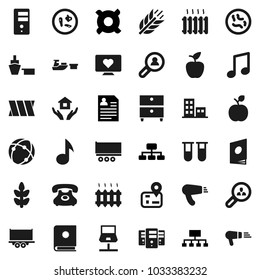 Flat vector icon set - house hold vector, apple fruit, music, archive, personal information, hierarchy, any currency, cereals, heart monitor, navigator, phone, truck trailer, port, vial, microbs