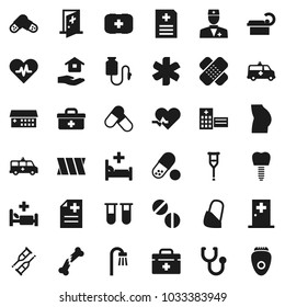 Flat vector icon set - house hold vector, buttocks, pills, first aid kit, doctor bag, ambulance star, heart pulse, vial, crutches, broken bone, patch, stethoscope, anamnesis, hospital bed, building