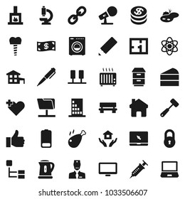 Flat vector icon set - house hold vector, kettle, meat hammer, cake, chicken leg, pencil, atom, pen, microphone, monitor, notebook pc, link, finger up, battery, heart cross, syringe, microscope