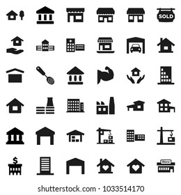 Flat vector icon set - house hold vector, skimmer, school building, university, bank, muscule hand, office, dry cargo, warehouse, hospital, cottage, chalet, garage, barn, sold signboard, apartments