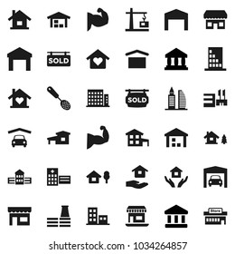 Flat vector icon set - house hold vector, skimmer, school building, bank, muscule hand, office, dry cargo, warehouse, hospital, cottage, chalet, garage, barn, sold signboard, apartments, love home
