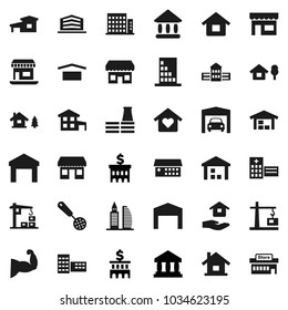 Flat vector icon set - house hold vector, skimmer, school building, university, bank, muscule hand, office, dry cargo, warehouse, hospital, cottage, chalet, garage, barn, apartments, love home, mall