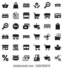 Flat vector icon set - house hold vector, cart, credit card, office, cargo search, estate document, sale signboard, sold, low price, new, shopping bag, percent, market, store, barcode, basket