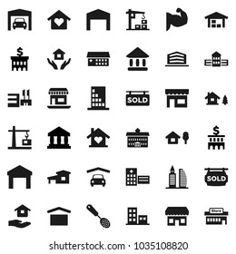 Flat vector icon set - house hold vector, skimmer, university, school building, bank, muscule hand, office, dry cargo, warehouse, hospital, cottage, chalet, garage, barn, sold signboard, apartments