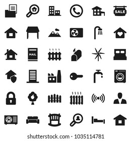Flat vector icon set - house vector, cottage, mailbox, windmill, water supply, fruit tree, mountain, fence, estate document, sale signboard, apartments, search, client, consumer, key, lock, crib