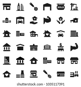 Flat vector icon set - house hold vector, skimmer, university, school building, bank, muscule hand, office, dry cargo, hospital, cottage, garage, barn, sold signboard, apartments, love home, factory