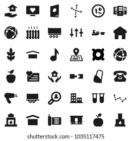 Flat vector icon set - house hold vector, apple fruit, music, constellation, any currency, cereals, heart monitor, navigator, phone, truck trailer, port, dry cargo, Railway carriage, settings, vial