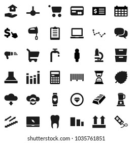 Flat vector icon set - house hold vector, mixer, microscope, calculator, notebook pc, archive, leaf, constellation, gold ingot, receipt, man, sand clock, calendar, dollar cursor, clipboard, top sign