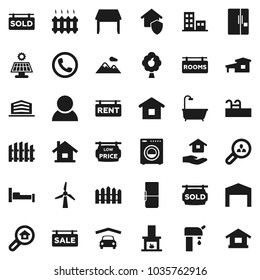 Flat vector icon set - house hold vector, cottage, pool, solar panel, windmill, water supply, fruit tree, mountain, garage, barn, fence, sale signboard, rent, rooms, sold, low price, apartments