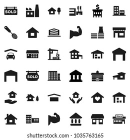 Flat vector icon set - house hold vector, skimmer, university, school building, bank, muscule hand, office, dry cargo, warehouse, hospital, cottage, chalet, garage, barn, sold signboard, apartments