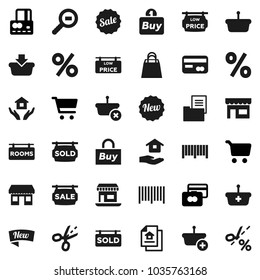 Flat vector icon set - house hold vector, cart, credit card, office, cargo search, estate document, sale signboard, rooms, sold, low price, new, shopping bag, percent, store, buy, barcode, basket