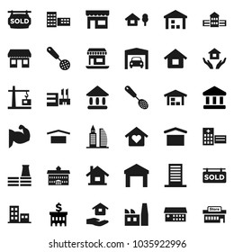 Flat vector icon set - house hold vector, skimmer, university, school building, bank, muscule hand, office, dry cargo, warehouse, hospital, chalet, garage, barn, sold signboard, apartments, factory