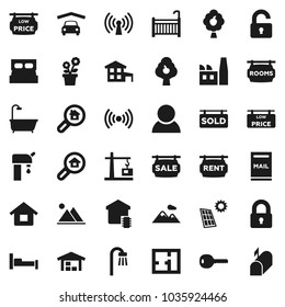 Flat vector icon set - house vector, cottage, mailbox, solar panel, water supply, fruit tree, mountain, garage, barn, plan, sale signboard, rent, rooms, sold, low price, search estate, consumer, key