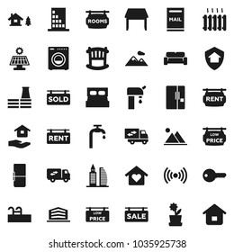 Flat vector icon set - house hold vector, chalet, pool, mailbox, solar panel, water supply, mountain, sale signboard, rent, rooms, sold, low price, office building, key, crib, table, washer, heating