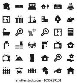 Flat vector icon set - house hold vector, cottage, chalet, pond, mailbox, solar panel, water supply, fruit tree, mountain, garage, fence, plan, low price signboard, apartments, search estate, client