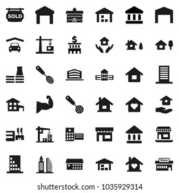 Flat vector icon set - house hold vector, skimmer, university, school building, bank, muscule hand, office, warehouse, hospital, cottage, chalet, garage, barn, sold signboard, love home, factory