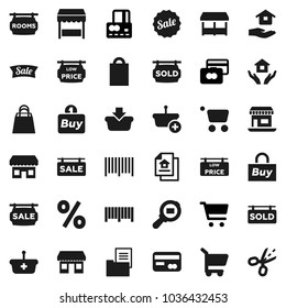 Flat vector icon set - house hold vector, cart, credit card, office, cargo search, estate document, sale signboard, rooms, sold, low price, shopping bag, percent, market, store, buy, barcode, basket