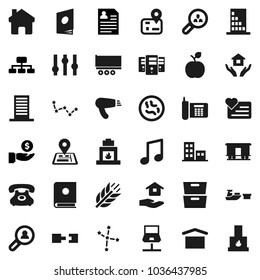 Flat vector icon set - house hold vector, apple fruit, music, archive, constellation, investment, personal information, hierarchy, cereals, heart monitor, navigator, phone, truck trailer, port, home