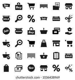 Flat vector icon set - house hold vector, cart, credit card, office, cargo search, estate document, sale signboard, rooms, sold, new, shopping bag, percent, store, buy, barcode, basket, list, coupon
