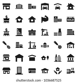 Flat vector icon set - house hold vector, skimmer, university, school building, bank, muscule hand, office, dry cargo, warehouse, hospital, chalet, garage, barn, sold signboard, apartments, factory