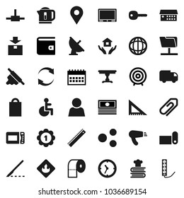 Flat vector icon set - house hold vector, toilet paper, rolling pin, cookbook, corner ruler, world, wallet, cash, target, calendar, medal, fitness mat, clock, package, flammable, satellite antenna