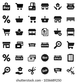 Flat vector icon set - house hold vector, cart, credit card, office, cargo search, estate document, sale signboard, rooms, sold, low price, new, percent, market, store, buy, barcode, basket, coupon