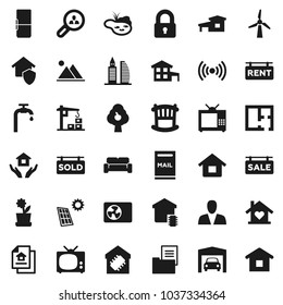 Flat vector icon set - house hold vector, cottage, pond, mailbox, solar panel, windmill, water supply, fruit tree, mountain, garage, plan, estate document, sale signboard, rent, sold, client search