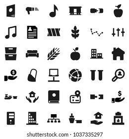 Flat vector icon set - house hold vector, apple fruit, music, archive, constellation, investment, personal information, hierarchy, cereals, navigator, port, Railway carriage, settings, vial, bandage
