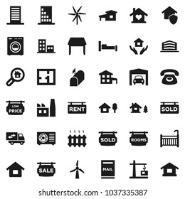 Flat vector icon set - house hold vector, cottage, chalet, mailbox, windmill, garage, plan, sale signboard, rent, rooms, sold, low price, apartments, office building, search estate, crib, table