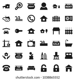 Flat vector icon set - house hold vector, cottage, chalet, pond, pool, garage, fence, sale signboard, rent, low price, office building, search estate, consumer, key, lock, unlock, table, bath, tv