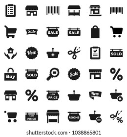 Flat vector icon set - house hold vector, cart, office, cargo search, sale signboard, rooms, sold, low price, new, shopping bag, percent, market, store, buy, barcode, basket, list, coupon