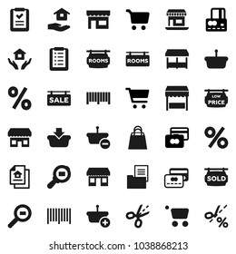 Flat vector icon set - house hold vector, cart, credit card, office, cargo search, estate document, sale signboard, rooms, sold, low price, shopping bag, percent, market, store, barcode, basket