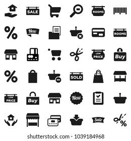 Flat vector icon set - house hold vector, credit card, office, cargo search, estate document, sale signboard, rooms, sold, low price, new, shopping bag, percent, market, store, buy, barcode, basket