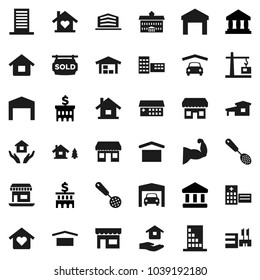 Flat vector icon set - house hold vector, skimmer, university, school building, bank, muscule hand, office, dry cargo, warehouse, hospital, cottage, chalet, garage, barn, sold signboard, love home