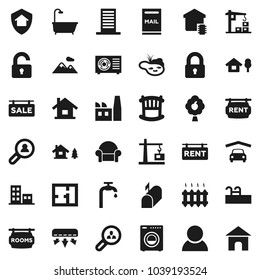 Flat vector icon set - house vector, chalet, pond, pool, mailbox, water supply, fruit tree, mountain, garage, plan, sale signboard, rent, rooms, apartments, client search, consumer, lock, unlock
