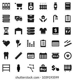 Flat vector icon set - house hold vector, towel, ruler, archive, annual report, man, binder, sand clock, calendar, dollar cursor, clipboard, t shirt, heart monitor, stairways run, tulip, shelving