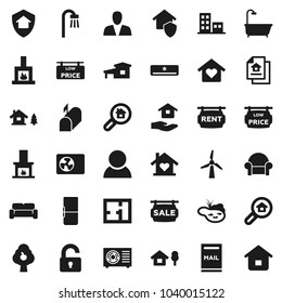 Flat vector icon set - house hold vector, cottage, chalet, pond, mailbox, windmill, fruit tree, plan, estate document, sale signboard, rent, low price, apartments, search, consumer, unlock, bath