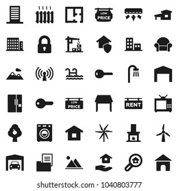 Flat vector icon set - house hold vector, cottage, pool, windmill, fruit tree, mountain, garage, barn, plan, estate document, rent signboard, low price, apartments, search, key, lock, table, bath