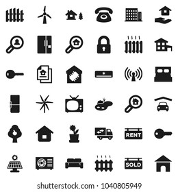 Flat vector icon set - house hold vector, cottage, chalet, pond, solar panel, windmill, fruit tree, garage, fence, estate document, rent signboard, sold, apartments, search, client, key, lock, tv