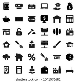 Flat vector icon set - house hold vector, skimmer, pen, calculator, notebook pc, pie graph, wallet, money bag, piggy bank, auction, man, safe, monitor dollar, client, sea container, warehouse, home