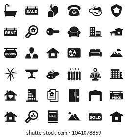 Flat vector icon set - house vector, cottage, pond, mailbox, solar panel, windmill, mountain, barn, estate document, sale signboard, rent, rooms, sold, low price, apartments, search, client, key