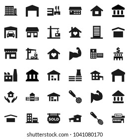Flat vector icon set - house hold vector, skimmer, school building, university, bank, muscule hand, office, dry cargo, warehouse, hospital, cottage, garage, barn, sold signboard, apartments, factory