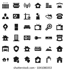 Flat vector icon set - house vector, chalet, pond, water supply, fruit tree, mountain, garage, rent signboard, sold, apartments, search estate, consumer, key, crib, cushioned furniture, love home