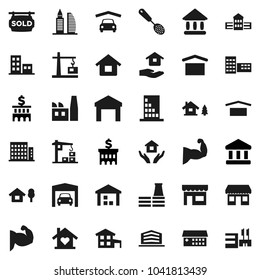 Flat vector icon set - house hold vector, skimmer, school building, university, bank, muscule hand, office, dry cargo, warehouse, hospital, cottage, chalet, garage, sold signboard, apartments, store