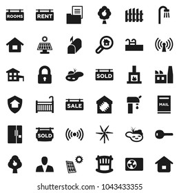 Flat vector icon set - house vector, cottage, pond, pool, mailbox, solar panel, windmill, water supply, fruit tree, fence, estate document, sale signboard, rent, rooms, sold, search, consumer, key